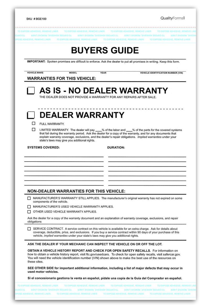 NextDayLabels 2 Part Dealer Buyers Guide Form, English Format - As is - No Dealer Warranty/Dealer Warranty (50) - Image 1